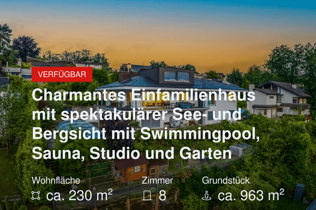 Neu im Angebot: Charmantes Einfamilienhaus mit spektakulärer See- und Bergsicht mit Swimmingpool, Sauna, Studio und Garten